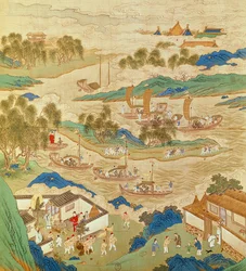 Kejsare Hui Tsung (1100-26) transporterar genomborrade stenar och märkligt formade träd, från History of the Emperors of China (färg på siden)