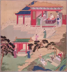 Kejsar Tai Tsung (r.762-779) läser en medicinsk bok, från en historia av kinesiska kejsare (färg på siden)