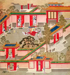 Kejsar Wu Ti (156-87, r.141-87 f.Kr.), som lämnar sitt palats, från en historia av kinesiska kejsare (färg på siden)