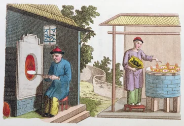 Bränning av porslin i Kina i slutet av 1700-talet, från La Chine en Miniature, av J.B. Breton, Paris, redigerad av Nepveu, 1811 (färgstick)