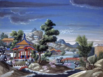 Landskap i Kina, ca 1850 (akvarell på siden)