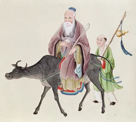 Lao-Tzu (c.604-531) på sin buffel, följt av en lärjunge (wc på papper)