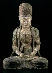 Stor sittande bodhisattva i meditation, Jin-dynastin (1115-1234) (trä & pigment) (se 206545)