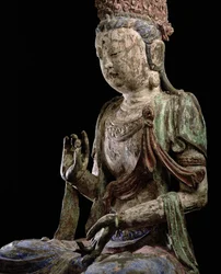 Stor sittande bodhisattva med höjda händer, Jin-dynastin (1115-1234) (trä & pigment) (detalj) (se 206546)