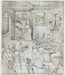 Lazarus i den rike mannens hus, tallrik från Giulio Alenis Tianzhu jiangsheng zhuxiang jingjie (En illustrerad historia om himlens Herre som blev inkarnerad i köttet), Jinjiang-kyrkan, Fu