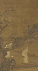 Man och kvinna njuter av plommonblomningar, Ming- eller Qingdynastin, 1400-1700-talet