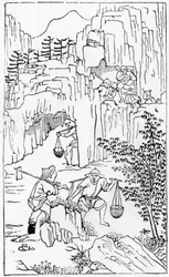 Brytning för vit lera, från en serie illustrationer av tillverkning av porslin (se 384116 & 384117 för hela serien)