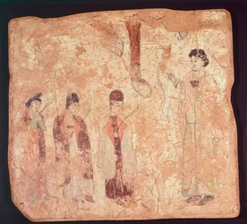 Nestorianskt ämne, kanske palmsöndag, väggmålning från Cristano Qoco-templet, Xinjiang, Kina, kinesisk civilisation, Tangdynastin, sent 900-tal