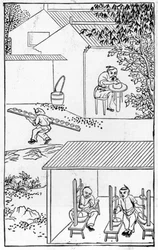 Punching the colors, från en serie illustrationer om tillverkning av porslin (se 384116 & 384117 för hela serien)