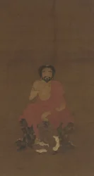 Sakyamuni sitter på tre demonliknande varelser, möjligen Yuan-tidig Ming-dynastin, 1300-1400-talet