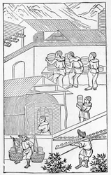 Scen med aktiviteter i en porslinsfabrik, från en serie illustrationer om tillverkning av porslin (se 384116 & 384117 för hela serien)