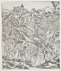 Kristi tillbedjan, tallrik från Giulio Alenis Tianzhu jiangsheng zhuxiang jingjie (En illustrerad historia om himlens Herre som blev inkarnerad i köttet), Jinjiang-kyrkan, Fujian-provinsen