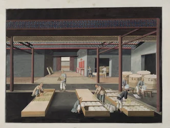 The Crating and Packing of Bowls and Dishes, tallrik 12 i en serie om tolv som skildrar processen för kinesisk porslinstillverkning, 1800-talet