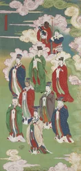 The Exalted Emperors and The Gods of the Five Directions, från en buddhistisk land- och vattenritualuppsättning (bläck, färger & guld på siden)