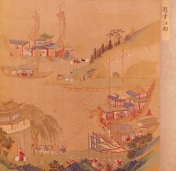 Den andre Sui-kejsaren, Yangdi (569-618) med sin flotta av segelbåtar, från en historia av kinesiska kejsare (färg på siden)