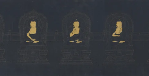 De sju buddorna från det förflutna, möjligen Ming-dynastin (guld och vitt pigment på mörkblått papper)