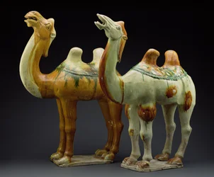 Två kameler, Tangdynastin (618-907) (glaserat lergods)