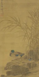 Två ankor bland vass vid vattenbrynet, Ming- eller Qingdynastin, 1400-1700-talet