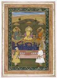 Kejsarna Akbar, Jahangir och Shah Jahan med sina ministrar och prins Dara Shikoh, ca 1630-40