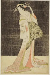 Ett urval av skönhet från nöjeskvarteren (Seiro bijin awase): Kurtisaner anlitade för nyårshelgerna - Takigawa från Ogiya, ca 1794 (trätryck i färg; oban)