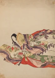 Sittande hovdam, framåtlutad med en solfjäder, plansch ur albumet: Nishiki-zuri onna sanju rokkasen e-zukushi