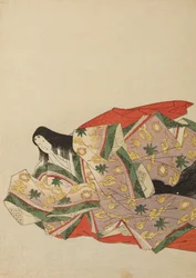 Hovdam sittande i en ljusviolett dräkt med grönt och gult mönster, plansch ur albumet: Nishiki-zuri onna sanju rokkasen e-zukushi