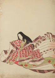 Sittande hovdam i en dräkt med vita och röda romber, plansch ur albumet: Nishiki-zuri onna sanju rokkasen e-zukushi