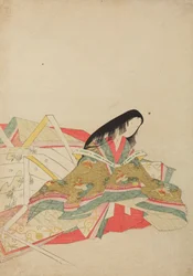 Sittande hovdam i en dräkt med hoo-fågelmönster, plansch ur albumet: Nishiki-zuri onna sanju rokkasen e-zukushi