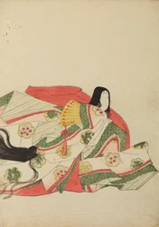Sittande hovdam med en gul solfjäder, plansch ur albumet: Nishiki-zuri onna sanju rokkasen e-zukushi