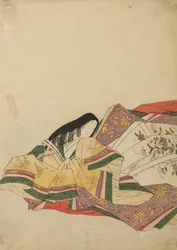 Sittande hovdam, vänd åt vänster, plansch ur albumet: Nishiki-zuri onna sanju rokkasen e-zukushi