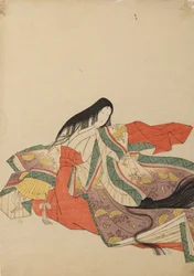 Sittande hovdam, vänd åt vänster, blad ur albumet: Nishiki-zuri onna sanju rokkasen e-zukushi