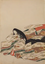 Sittande hovdam, vänd åt vänster, blad ur albumet: Nishiki-zuri onna sanjū rokkasen e-zukushi