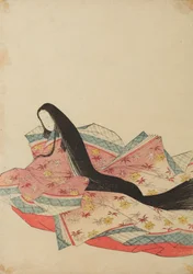 Sittande hovdam, vänd åt vänster, i lila-rosa dräkt, plansch ur albumet: Nishiki-zuri onna sanju rokkasen e-zukushi