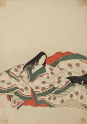 Hovdam i vit kimono med ett mönster av ankungar på vattnet, plansch ur albumet: Nishiki-zuri onna sanju rokkasen e-zukushi