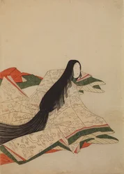 Hovdam i rosa kimono med körsbärsblomsmönster på vågor, plansch ur albumet: Trettiosex kvinnliga poeter / Nishiki-zuri onna sanju rokkasen e-zukushi