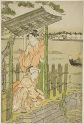 Samling vid ett tehus på stranden av floden Sumida