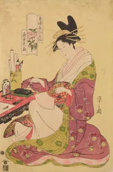 Oiran Hanaogi från huset Ogi-ya, ur serien: Sex dikter om skönheter från Yoshiwara avbildade som blommor / Seiro bijin rokkasen