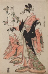 Oiran Seyama från huset Matsuba-ya med sina kamuro Iroka och Yukari, ur serien: Invigningsfest för det nya huset Matsuba-ya