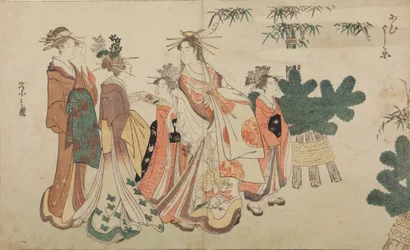 Oiran under en nyårspromenad, omgiven av två shinzo och två kamuro