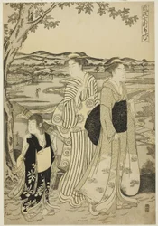 Papegojan Komachi, från serien De fashionabla sju Komachi (Furyu nana Komachi), ca 1788 (träsnitt i färg; oban)