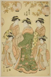 Courtesan Hanaogi från Ogiya, med barnskötare Yoshino och Tatsuta