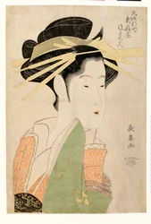 Portrait de la courtisane Tsukasa Dayu av Higashi Ogiya i Osakas Shinmachi-distrikt - färglinosnitt av Eishosa