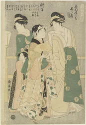 Tre kurtisaner från Wakafune-ya House: Shiratsuyu, Isono och Isoji, ca. 1794