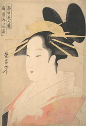 Stort huvud- och bystporträtt av Oiran Hanaogi från Ogiya., troligen 1798