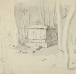 A Stone Tomb in a Forest, verso: Study of a Flower, 1830.