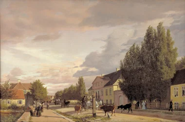 Utsikt över en gata på Østerbro utanför Köpenhamn. Morgonljus, 1836