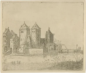 Utsikt över ett slott med en vallgrav