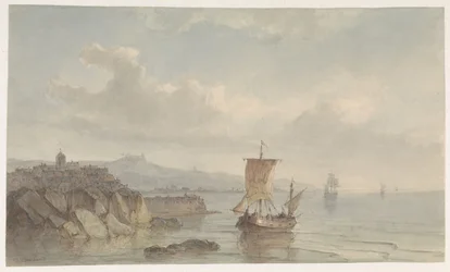 Kustlandskap med hamn och fartyg på vattnet