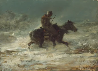 Man med lans som rider genom snön, ca. 1880.