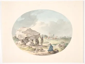 Stendysse utanför en by med kyrka